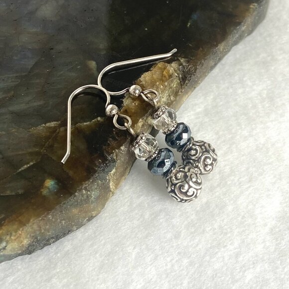 Sterling Silver 925 Faceted Glass Scrollwork Beaded Dangle Earrings - Picture 5 of 12